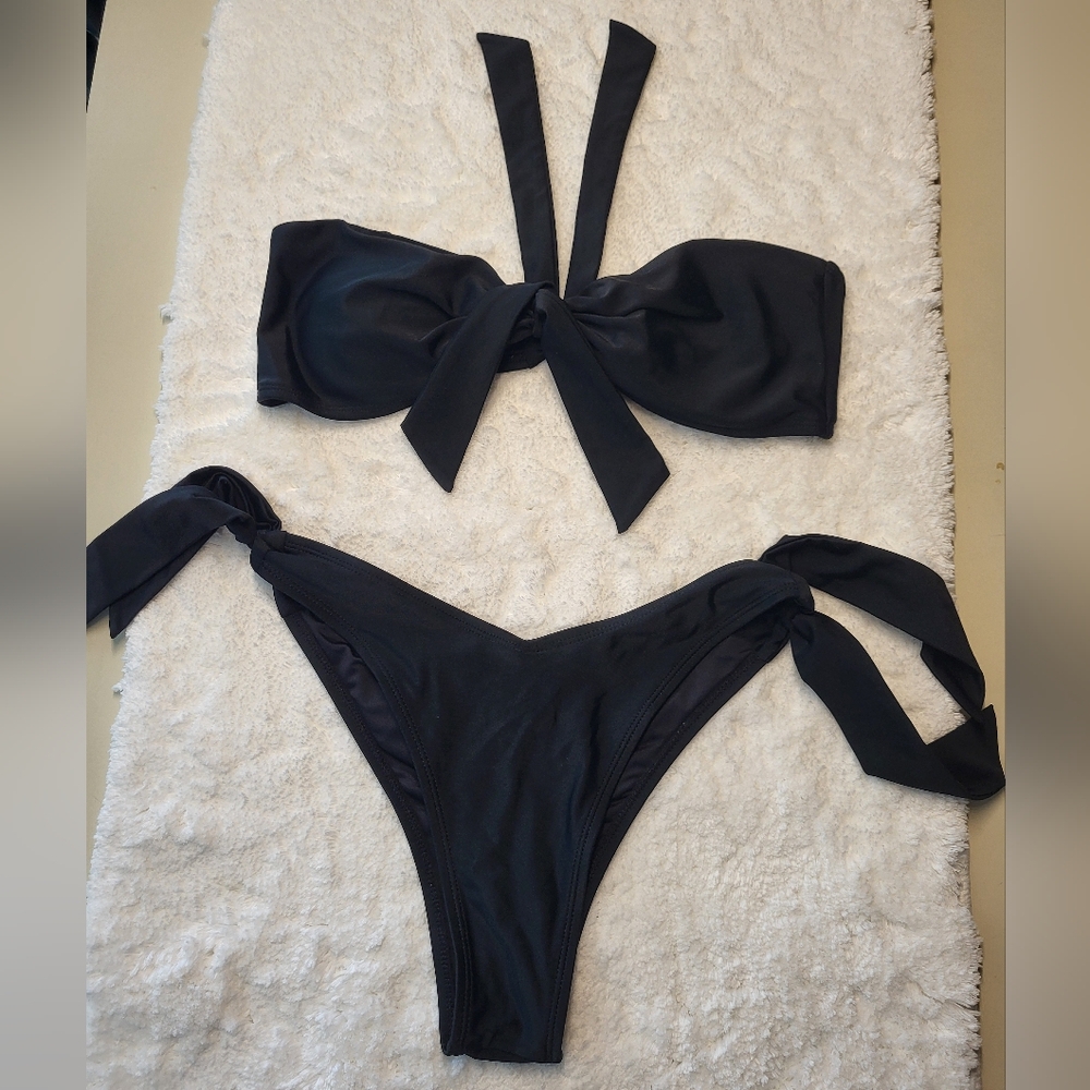 Ocean Blues String Tie Sides Bikini & Tie Back Bandeau Top 2 pc Swimswear